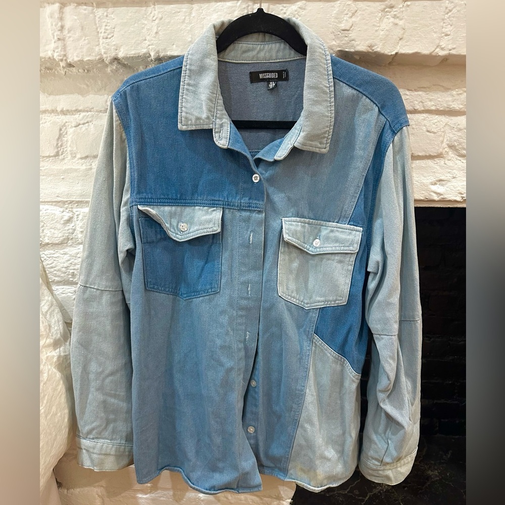 Misguided Patchwork Denim Button Down in blue